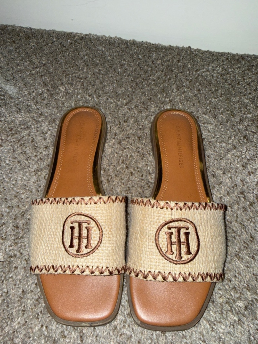 Tommy Hilfiger Woven Tan/Brown Logo Slide Sandals - Women